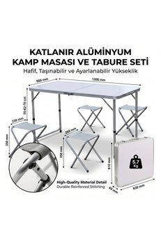 Evimdeyokyok Katlanabilir Alüminyum Kamp Masası Ve 4 Lü Tabure Seti