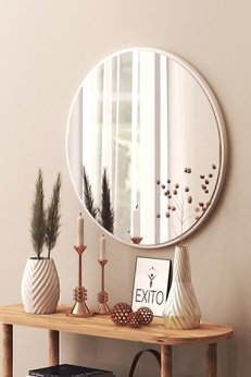SUEL HOUSE Beyaz Dekoratif Yuvarlak Büyük Antre Duvar Aynası 45 Cm