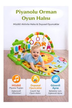 hak-iş oyuncak Piyanolu Orman Desenli Bebek Oyun Halısı – 0+ Ay Hayvan Figürlü Işıklı ve Müzikli Gelişim Matı