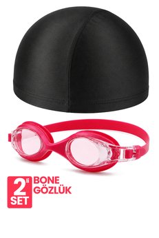 Telvesse 2li Set Yüzücü Gözlüğü Kumaş Bone Set Yüzme Havuz Deniz Gözlüğü Pembe