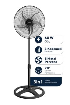 KUMTEL KTF-340 Siyah 18 İnç Sanayi Tipi Vantilatör 3in1 60 W 5 Kanatlı 3 Kademeli 132 cm