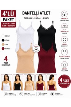 COMFORT SECRET Kadın 4’lü Paket Dantelli Atlet İp Askılı Pamuklu Likralı Basic Atlet Beyaz Siyah Ten Bordo