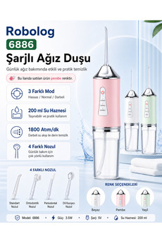 ROBOLOG Ağız Duşu Şarj Edilebilir 4 Başlıklı Taşınabilir Diş Protez Ağız Bakım Temizleme 6886 Pembe