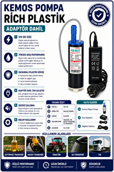 Kemos 220-12 Volt Ri̇ch Plasti̇k Dalgıç Adaptörlü Mazot Aktarma(Sıvı Transfer) Pompası