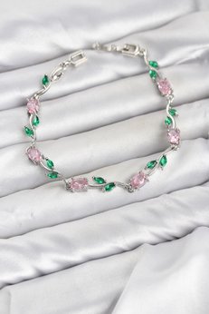 Evimdeyokyok Pirinç Gümüş Renk Pembe Zirkon Taşlı Çiçek Model Kadın Bileklik Tj-Bb8590