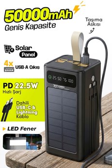 7GO GPW-01 50.000 mAh Solar Powerbank – 22.5 W Hızlı Şarj Dahili Kablolu LED Ekranlı Taşınabilir Ş