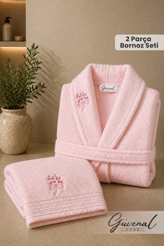 Güvenal Rüya 2 Parça Pamuk Nakışlı Bornoz Seti | Bornoz | Havlu | Çeyiz Seti - Pembe