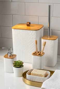 MAKRİ HOME Bambu Detaylı 5 Parça Beyaz Banyo Seti 21 x 19 x 25 cm