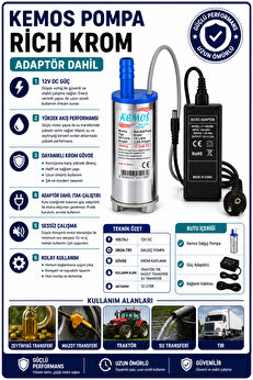 Kemos 220-12 Volt Ri̇ch Krom Dalgıç Adaptörlü Mazot Aktarma(Sıvı Transfer) Pompası