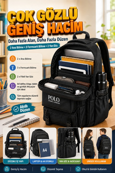 POLOGRAND London Orijinal Unisex Ortopedik Sırt Destekli Geniş Hacimli Çok Gözlü Ayarlanabilir Askılı Laptop Bölmeli Astarlı İlkokul Ortaokul Lise Üniversite İçin Öğrenci Yetişkin Çocuk Genç Büyük Siyah Okul Çantası
