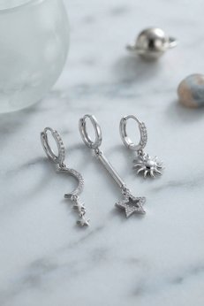 Evimdeyokyok 3 Lü Set Ay Yıldız Ve Güneş Model Gümüş Renk Kadın Küpe Tj-Bkp11957