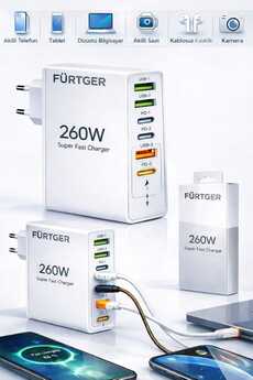 Fürtger Alman 260W 3 Type-C + 3 Usb-A Toplam 6 Çıkışlı Süper Hızlı Şarj Aleti