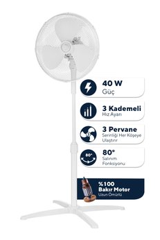 KUMTEL KTF-290 Beyaz 16 İnç Ayaklı Vantilatör 40 W 3 Kanatlı 3 Pervaneli 120 cm