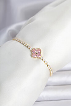 Tj Pi̇ri̇nç Gold Renk Pembe Zi̇rkon Taşlı Yonca Model Su Yolu Kadın Bi̇lekli̇k Tj-Bb8466
