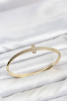 Evimdeyokyok Gold Renk T Model Zirkon Taşlı Kadın Kelepçe Bileklik Tj-Bb8621