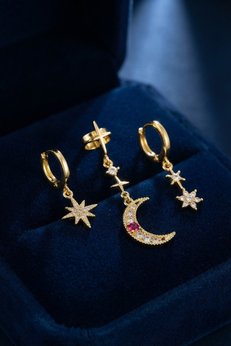 Evimdeyokyok Gold Renk 3 Lü Ay Ve Yıldız Model Küpe Tj-Bkp11966
