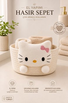 Kitchen Beauty Hello Kitty Peluşlu Çok Amaçlı Hasır Sepet Banyo Sepeti Dekor Sepet Havlu Sepeti