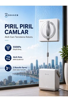 Ecovacs Bataryalı Taşınabilir İstasyonlu Cam Silme Robotu 5.500 Pa Emiş 110 Dakika Çalışma 7 Temizlik Mod