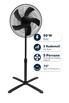 KUMTEL KTF-355 Siyah 16 inç Ayaklı Vantilatör 50 W 5 Pervaneli 3 Kademeli 121 cm Yükseklik