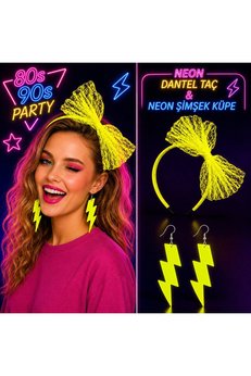 Evimdeyokyok Neon Sarı Dantel Taç Ve Şimşek Küpe 80 Ler 90 Lar Parti Seti