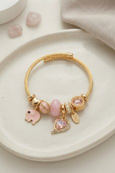 Evimdeyokyok Kalp Ve Fil Model Pembe Charmlı Bileklik Tj-Bb8748
