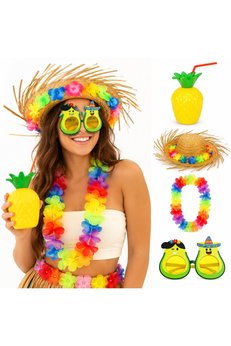 Evimdeyokyok 4 Parça Hawaii Parti Seti Ananas Bardak Hasır Şapka Avokado Gözlük Çiçek Kolye