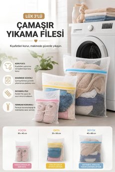 MorPort 3 Adet Çamaşır Yıkama Filesi Renkli Fermuarlı Lüx