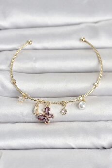 Ru Collecti̇ve Pi̇ri̇nç Gold Renk Mor Detaylı Charmlı Kadın Bi̇lekli̇k Tj-Bb8486
