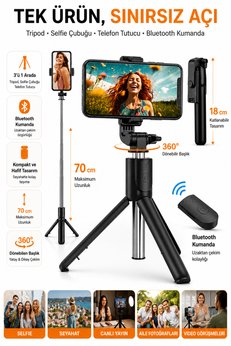 BlissOn Bluetooth Kumandalı Selfie Çubuğu – Tripod Özellikli Uzatılabilir Telefon Tutucu Monopod