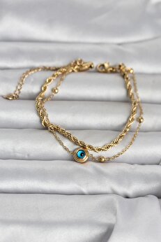Tj 316L Çeli̇k Gold Renk Burgu Zi̇nci̇r Ve Nazarlı Kadın Bi̇lekli̇k Tj-Bb8389