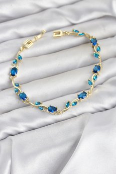 Evimdeyokyok Pirinç Gold Renk Mavi Zirkon Taşlı Çiçek Model Kadın Bileklik Tj-Bb8575