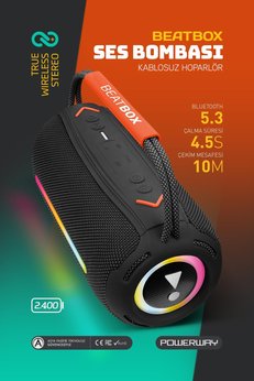 POWERWAY BeatBox Siyah Led Işıklı Dayanıklı Ses Bombası Usb Sd Aux FM Radyo Bluetooh Hoparlör
