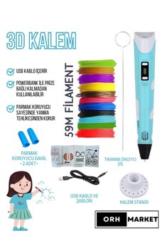 ORH Market Mavi 3d Kalem 3d Pen Yazıcı Kalem – Çok Renkli PLA Filament + Usb Kablo