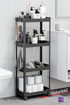 Mowo Home Mowo 4 Katlı Siyah Tekerlekli Banyo Rafı Mutfak Rafı Havluluk Deterjanlık Makyaj Organizer Vesken