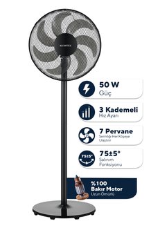 KUMTEL KTF-760 Siyah 16 İnç Ayaklı Vantilatör 50 W 7 Pervaneli 3 Kademeli 130 cm Yükseklik