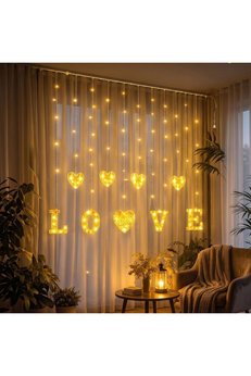 Evimdeyokyok 3 Metre Perde Led Işık - 8 Modlu Kalp Ve Love Figürlü Dekoratif Animasyonlu Led