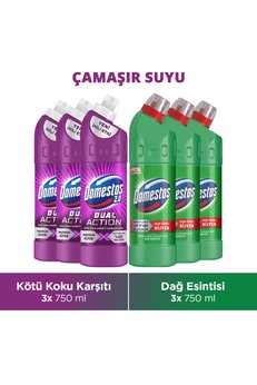 Domestos Dual Action Kötü Koku Karşıtı 750 ml x3 Çamaşır Suyu Dağ Esintisi 750 ml x3