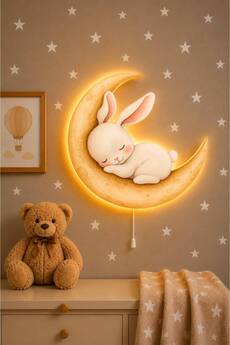 BugyBagy Ahşap Ay Üzeri Tavşan Pilli Ledli Gece Lambası Bebek Çocuk Odası-Yıldız Sticker Hediyeli