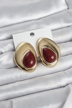 Clariss Pirinç Gold Renk Bordo Taşlı Damla Model Vintage Kadın Küpe