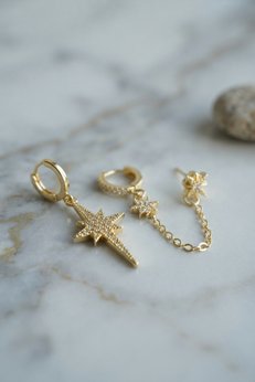 Evimdeyokyok 3 Lü Set Küpe Gold Renk Zincir Detaylı Tj-Bkp11954