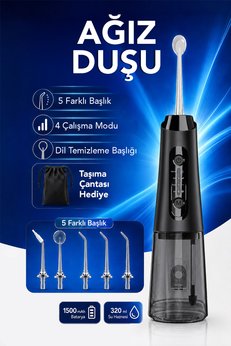 mimtec Şarjlı Ağız Duşu - 320ml Su Hazneli 5 Başlık 4 Çalışma Modlu Su Geçirmez Ağız Diş Dil Temizleyici Siyah