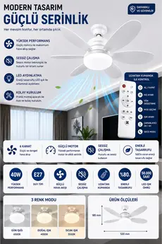 nextbuy Tavan Tipi Vantilatör E27 Duylu 6 Kanatlı Sessiz Rüzgar Fanlı Led Ampul Dekoratif İç Mekan Soğutucu Işıklı Tavan Aydınlatma Pervanesi
