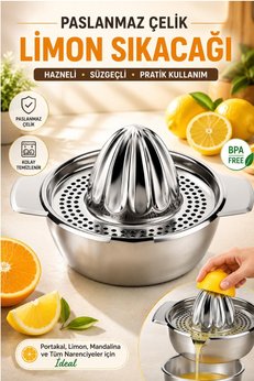 Kitchen Beauty Paslanmaz Çelik Limon Sıkacağı Hazneli Süzgeçli Narenciye Portakal Sıkacağı