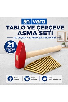 5N VERA Tablo ve Çerçeve Asma Seti – 100 Gr Çekiç + 20 Adet Çelik Beton Çivisi | Duvar Saat Resim Ayna ve Dekorasyon İçin Montaj Seti