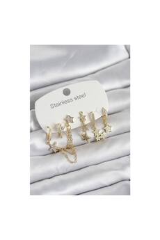 Evimdeyokyok 316L Çelik Gold Renk 6 Lı Set Zincirli Yıldız Modelli Kadın Küpe Tj-Bkp11747