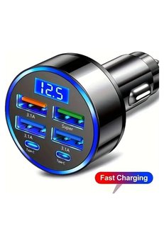 Evimdeyokyok 6 Portlu Hızlı Araç Şarj Cihazı – 4 Usb + 2 Type-C Çıkışlı Dijital Göstergeli Oto Şarjı