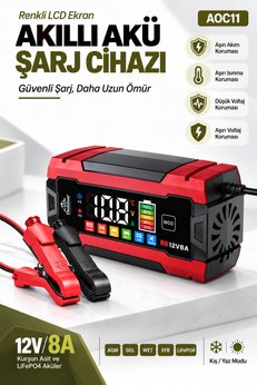 auhma AOC11 12V 8A Akıllı Akü Şarj ve Onarım Cihazı – Renkli LCD Ekran Pulse Repair LiFePO4 / AGM
