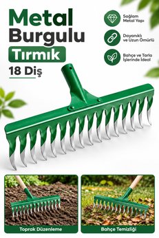 NUBLADO Metal Burgulu Bahçe Tarla Tırmık 18 Diş Çim Peyzaj Yaprak Ot Saman Temizleme Toprak İşleme Tırmığımf