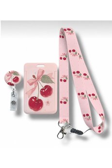 RoyalVance Pembe Fiyonk ve Kiraz Yoyo Boyun Askı İpi ve Sürgülü Kartlık 3’lü Set