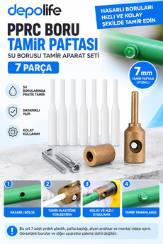 Depolife Pprc Boru Tamir Paftası Pvc Plastik Su borusu Tamir Aparat Seti 7 Parça Yedek Plastiği